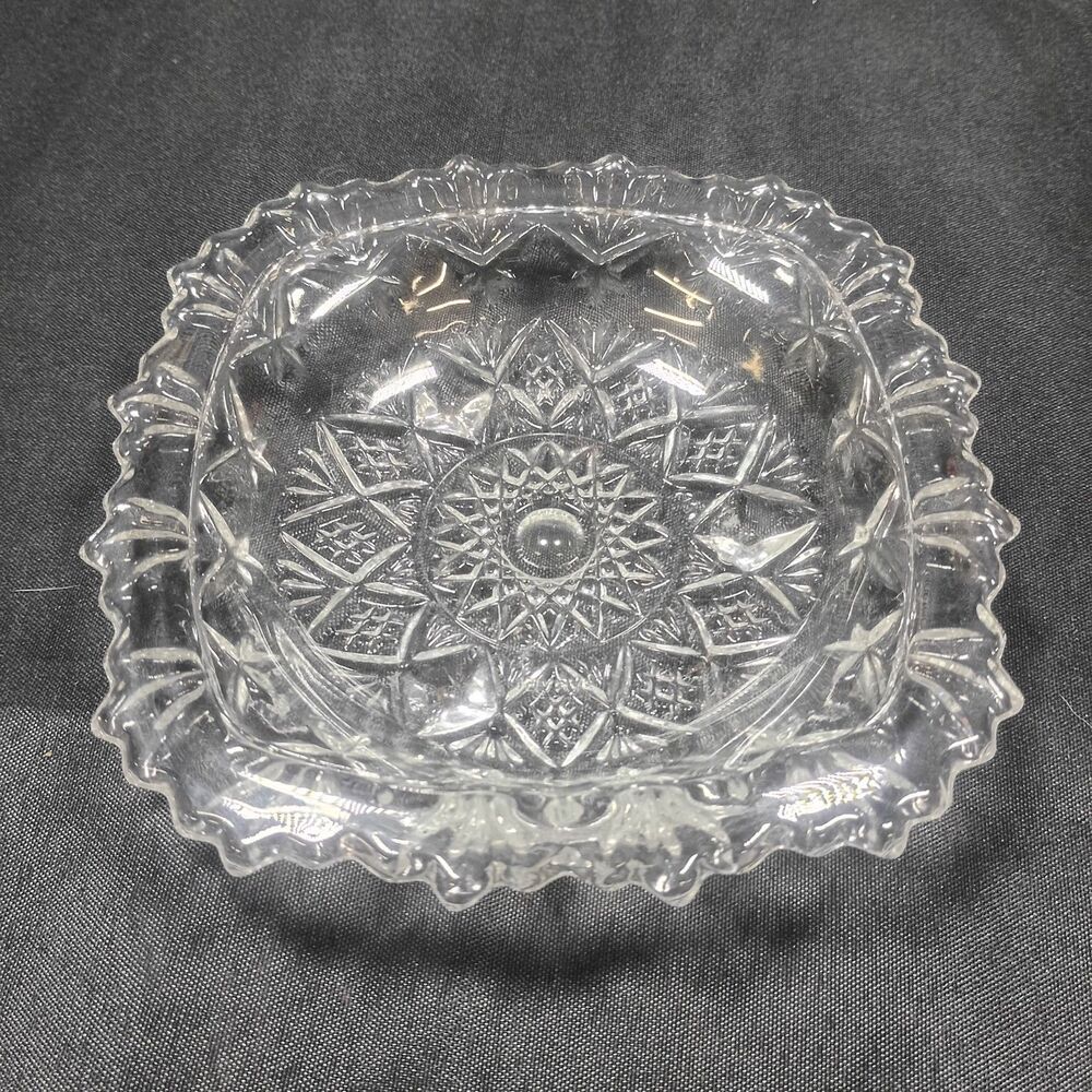 Lead Crystal - Vintage - Square Glass Candy Nut Dish Bowl Etched Design Art Deco